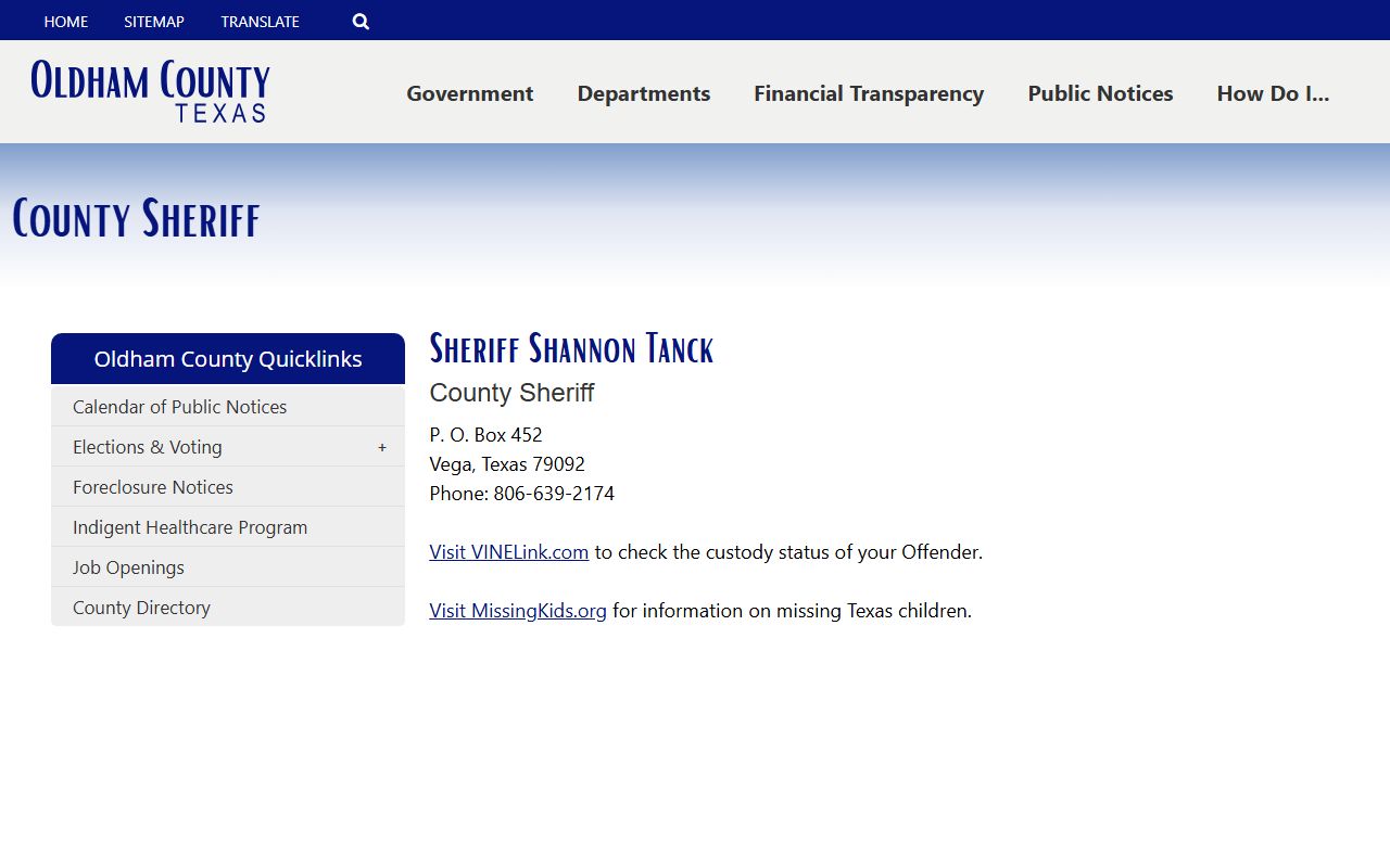 Oldham County Jail inmate lookup sheriff page VINELink instruction