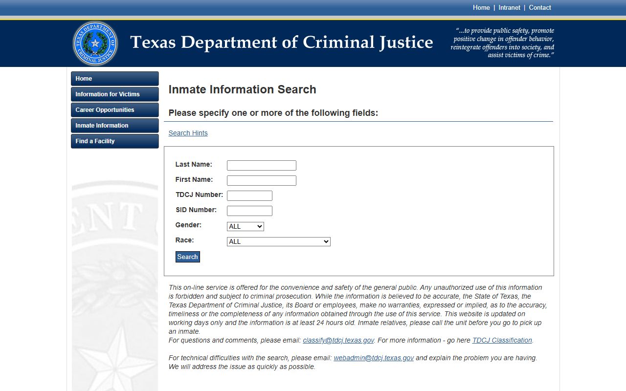 Oldham County inmate records TDCJ sentenced prisoner search
